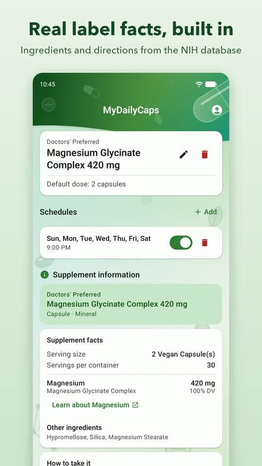 Supplement detail: real label facts from the NIH database, including serving size and ingredients.