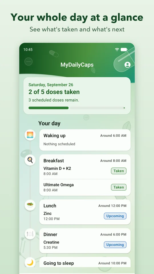 Today screen: your whole day at a glance, showing 2 of 5 doses taken and upcoming doses by meal.